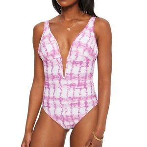 BAR III Summer Stripes Plunge Purple Tie Dye One Piece Swimsuit